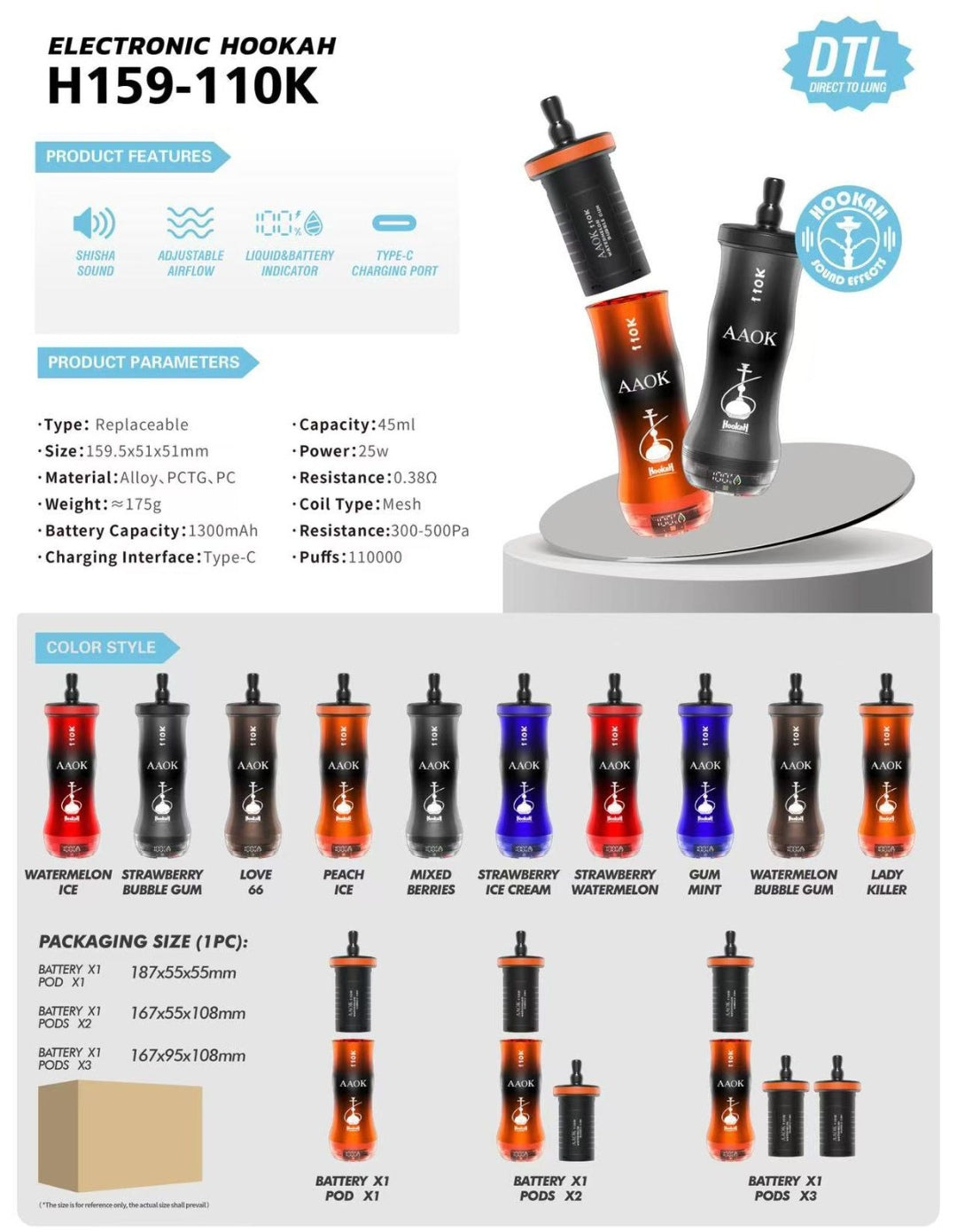AAOK H159-110K 110,000 Puffs Electronic Hookah Vape
