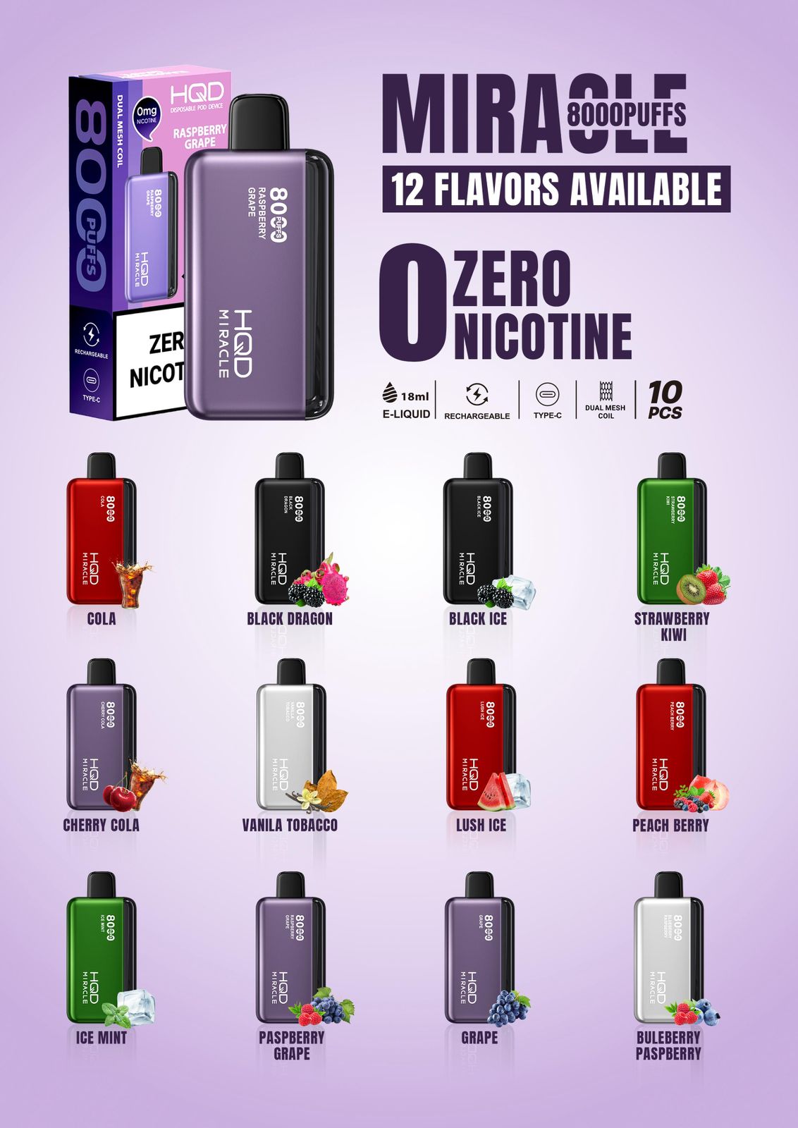 HQD Miracle 8000 Puffs Zero Nicotine Disposable Vape